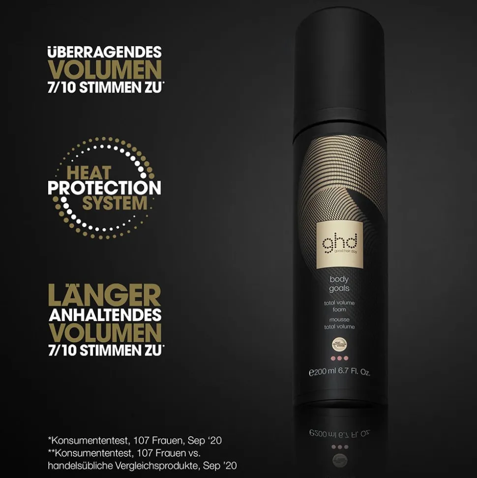 ghd helios Haartrockner schwarz & body goals Volumschaum Pflegebundle