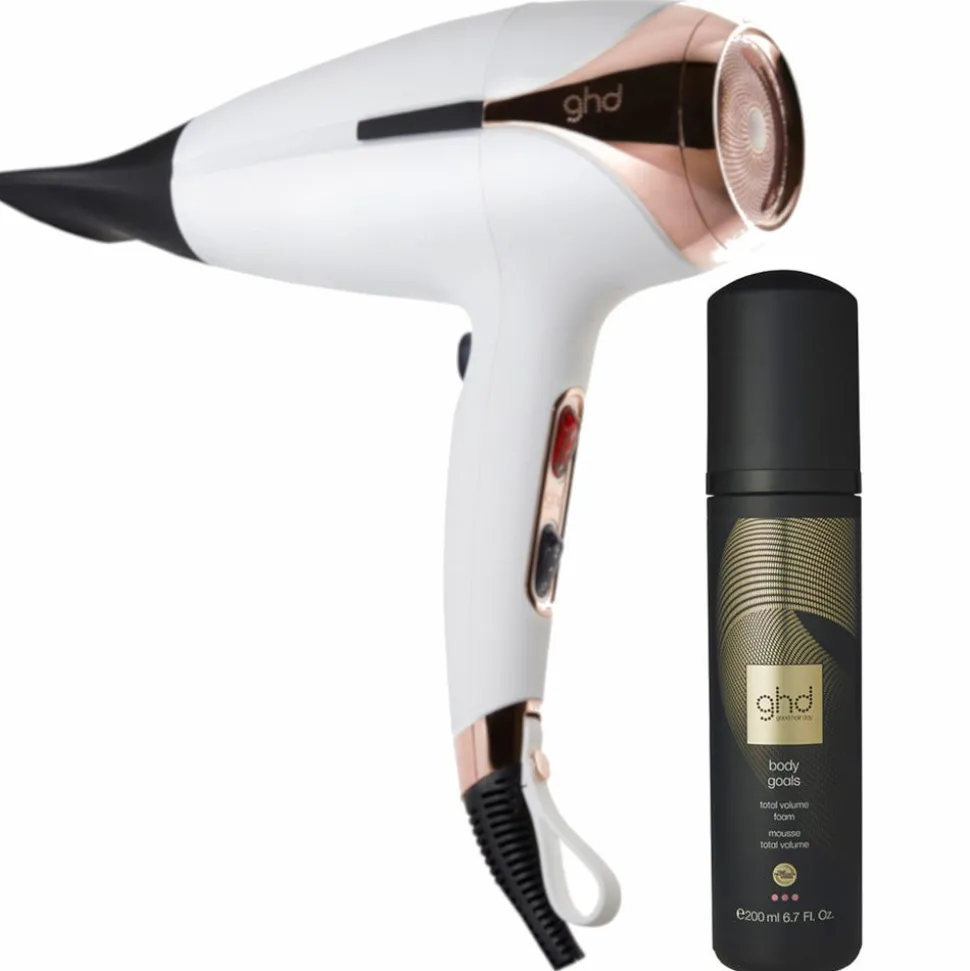 ghd helios Haartrockner weiß & body goals Volumschaum Pflegebundle
