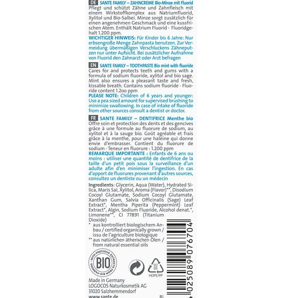 SANTE Family Zahncreme Bio-Minze mit Fluorid 75 ml